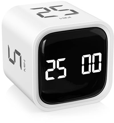 Rotating Pomodoro Timer 5, 25, 10 50 Minutes Preset, Desk Productivity Flip Timer, ADHD Tool Cube Countdown Stopwatch, Vibration/High/Low Volume/Custom Modes, for Work, Study, Back to School, White