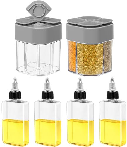 Gerrii 4 botellas dispensadoras de aceite pequeñas para acampar y 2 tapas 4 en 1 para especias de 3.4 onzas, botella de condimentos a prueba de fugas con tapa para camping, viajes, cocina, barbacoa,