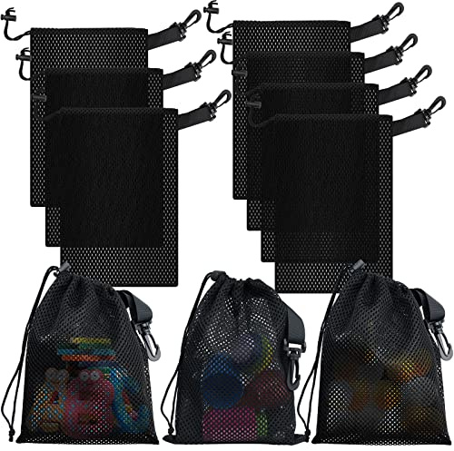 JYiuog 10 Stück Nylon Netztaschen mit Kordelzug und Clips, tragbare Aufbewahrungstaschen für Spielzeug, Sport, Aufbewahrung, Tauchen, Outdoor Aktivitäten und mehr,schwarze(10 Stück, 15x20cm)
