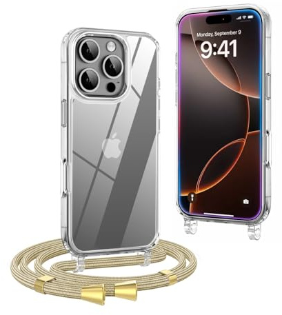 OLEPHY Handykette für iPhone 16 Pro Hülle mit Band, Yellow | Handyhülle mit Verstellbarem und Demontage Umhängeband, Transparent Stoßfeste Hülle zum Umhängen Kordel, (6,3 Zoll)