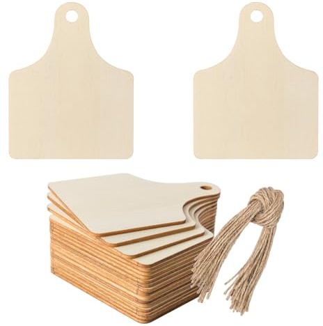 Kuh-Ohrmarken, Holz, blanko, mit Bindfäden, Kunst, unlackierte Ornamente zum Aufhängen, Kuh-Etiketten, Geburtstag, Party, Weihnachten, Urlaub, Landwirtschaft, Landwirtschaft, Bauernhof, Türhänger,