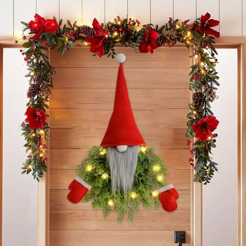 Türkranz Weihnachten, Weihnachtskranz Wicthel mit LED Lichterkette Weihnachtsdeko Türkranz mit Puppen Weihnachtskranz Haustür mit Beleuchtung Weihnachtstürkranz für Tür Fenster Wand (1pc)