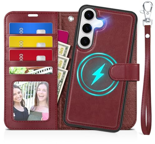 TUCCH Étui pour Galaxy S25 Plus 5G, Rouge Foncé | 2-en-1 Détachable, RFID Blocage, Portefeuille Cuir Synthétique, Béquille Intégrée, Dragonne