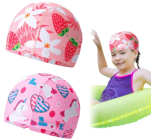 CULEO Bonnets de bain, Lot de 2, pour enfants 2-8 ans, roses, en polyester, imperméables, confortables