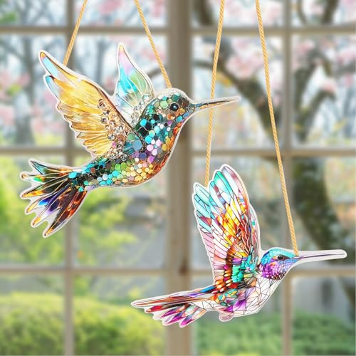 2 Stück Fensterdeko Hängend, Kolibri-Sonnenfänger, Suncatcher, buntglas fensterdeko, Acryl Kolibri Suncatcher Hängend, Fensterdeko Kolibri, Dekoration Gartendeko für Garten & Dekoration Vogelliebhaber