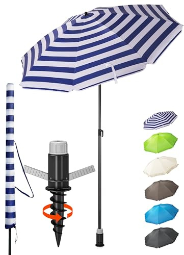 Menz Sonnenschirm Strand UPF 50 mit Bodenhülse, Ø 180 cm, Fb. Blau-Weiß