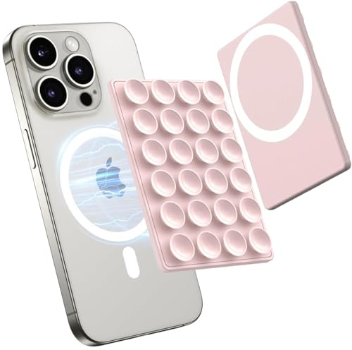 Jurqqer Magnetic Suction Cup Phone Mount Holder for MagSafe - Hands-Free Strong Adhesive Stand for iPhone 16/15/14/13/12 Series, Portable Shower Mirror Selfie TikTok/YouTube Accessories Light Pink