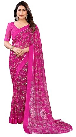 ETHNICMODE indien Sari For femme Printed Georgette Light Weight Party Wear Hot Pink Saree With Unstitched Hot Pink Blouse Piece-1209