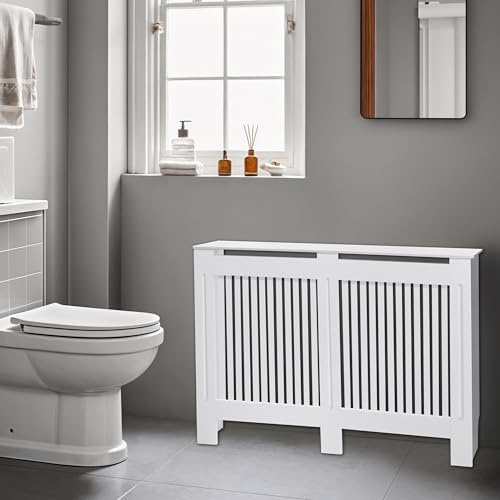 FATIVO Large Radiator Cover Cabinet High, White Heater Cover MDF External 92cm Height Inner 90cm Vertical Slats Tall Shelf Thickened Wooden Kitchen Bedroom