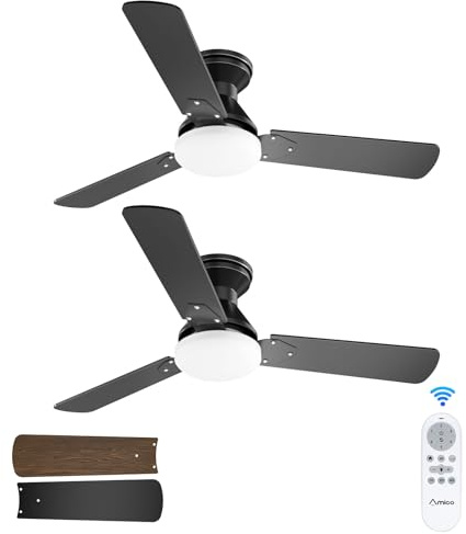 Amico 2 Pack Ceiling Fans with Lights, 42 inch Low Profile Ceiling fan with Light and Remote Control, Flush Mount, Reversible, 3CCT, Dimmable, Noiseless, Black Ceiling Fan for Bedroom, Indoor/Outdoor