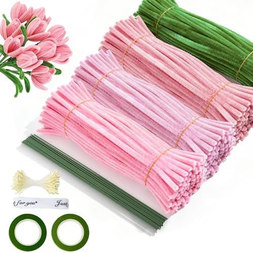 Pfeifenreiniger Blumen Set, 400 Stück Pfeifenputzer zum Basteln, Geschenkband und Klebeband – Ideal für DIY-Projekte wie Trockenblumen, Diamond Painting und Blumendeko (Rosa)