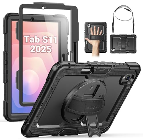 SEYMAC Hülle für Samsung Galaxy Tab S11-11 Zoll 2025, Schwarz | Stoßfeste Hülle mit Displayschutzfolie, 360°Drehbarem Ständer, Handschlaufe, Schultergurt, Stifthalter, Arbeit/Outdoor&Alltag