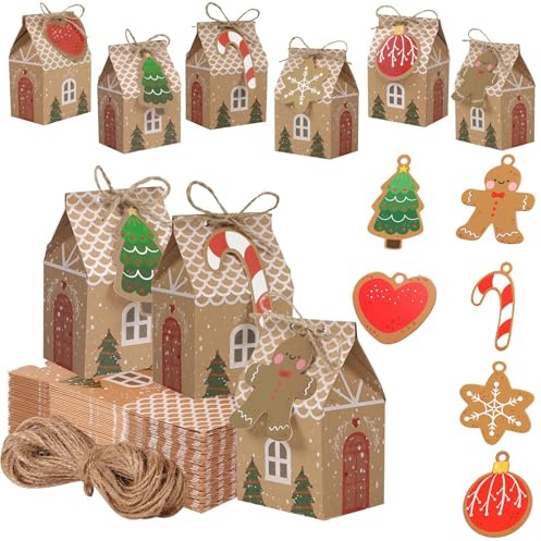 Geschenkbox Weihnachten, 24 Stück Weihnachten Party Geschenkboxen aus Kraftpapier, Geschenkbox, Weihnachtsbox, Süßigkeitenbox, Adventskalender Häuser für Weihnachtsfeiern und DIY Dekorationen