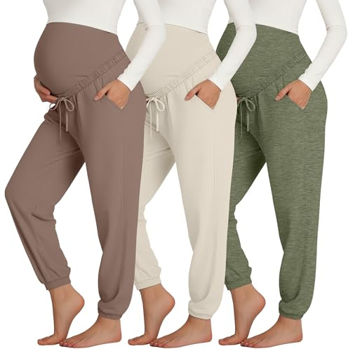 Sweetyweee 3 Pack Women's Maternity Pants Over The Belly Pregnancy Joggers Stretchy Drawstring Leggings with Pockets(Coffee, Apricot, Sage Green,Medium)
