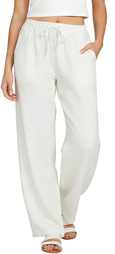 Neteson Pantaloni Donna Estivi Cotone e Lino Pantaloni Larghi Leggeri Eleganti Pantalone Palazzo Elastico a Vita Alta Pantaloni Lunghi Casual con Tasche Spiaggia Comodi Pants