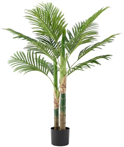 NEWBULIG 4ft Golden Cane Palm, Double Stalk Artificial Tree with Lush Realistic Foliage, Indoor Faux Palm Artificial Plant for Living Room, Perfect Tropical Decoration Maintenance Free