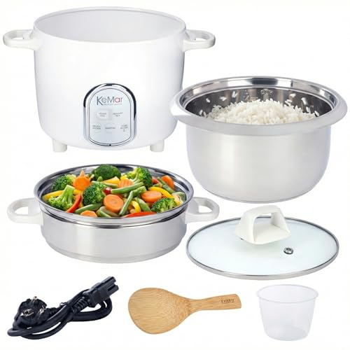 KeMar Reiskocher (5 Programme, 1,4L, 500W, Weiß) 7 Messbecher, Edelstahltopf & Glasdeckel - inkl. Dämpfeinsatz, Dampfgaren - Edelstahlschüssel, spülmaschinengeeignet, Warmhaltefunktion, KRC-175