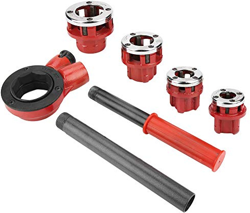 HUIOP Kit di Filettatura per Tubi, Kit di Strumenti per Filiera in Acciaio Legato con Custodia, 3 Set Matrici con Testa a Cricchetto Lavori su Tubi Zincati e in Ferro, Robu (Tipo 62B quattro teste)