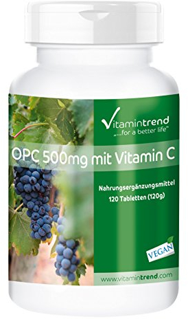 Vitamintrend OPC 500mg mit Vitamin C, 120 Tabletten, Traubenkernextrakt, Nahrungsergänzungsmittel vegan ohne Magnesiumstearat, in Deutschland hergestellt