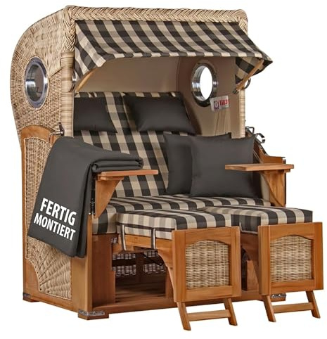 MR. DEKO® Strandkorb Düne Teak 2-Sitzer Bullauge | PE Geflecht Shell | Volllieger Strandstuhl verstellbar | inkl. 4 Kissen Wechselpolster | Strandkörbe fertig montiert aus Teakholz | (Dessin 505)