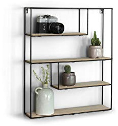 LIFA LIVING Rechteckiges Wandregal aus Holz & schwarzem Metall mit 4 Böden, Modernes Schweberegal im Industrie Design, Hängeregal als Wanddeko, 55 x 45 x 11 cm