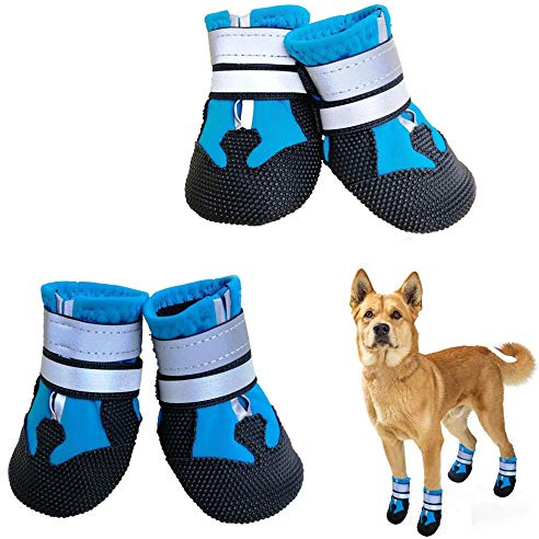 NeuWee Hundeschuhe, 4er-Set wasserdichte Hundeschuhe Anti-rutsch Hundestiefe mit reflektierendem Riemen, Regenschuhe Hundestiefel Pfotenschutz für Kleine Mittelgroße Große Hunde (L, Blau)