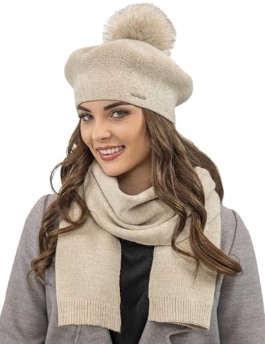 VIVISENCE Winter Baskenmütze Mit Bommel Für Damen Klassischem Herbst Frauen Mütze Schnitt Warmem Garn Mit Wollezusatz Eleganter Wintermütze Ideal Für Kalte Wintertage Modell 7035, Beige,Einheitsgröße
