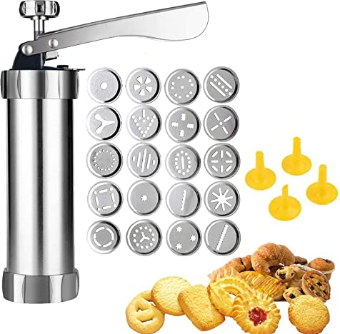 Pressa per biscotti in acciaio inossidabile, con 20 dischi decorativi per stencil e 4 punte per glassa, pistola per pressa per biscotti spritz deluxe, macchina per biscotti