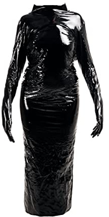 Robe Longue Sexy en Cuir Brillant pour Femmes avec des Gants Longs pour la fête Clubwear Laque Noire M