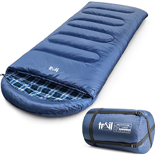 Trail Luxury Sleeping Bag, Cotton Flannel Lined, Double Layer Fill, 3 to 4 Season, Envelope Sleeping Bag with Compact Compression Bag, Single Adult, 220cm x 85cm (300gsm)