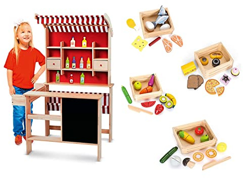 Leomark Kaufladen aus Holz - SUPERMARKT - Kaufladenzubehör, Verkaufsstand mit Verkaufsregal, Frontablage und Tafel, Marktstand für Kinder mit Zubehör + 4 Holzkisten mit Lebensmitteln Höhe: 117 cm