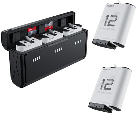 TELESIN 2er-Pack Enduro-Akku und Akkuladegerät für Go Pro Hero 12 11 10 9 | Taschenformat 3-Slot-Akkuladegerät, Niedrige Temperatur geeignet, Schnellladung, Stromabfrage, 2 TF-Karten-Speicher