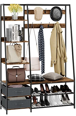 COSTWAY Garderobenständer mit Sitzbank, Garderobe mit 6 Ebenen, 9 Doppelhaken, 2 Stoffkommoden und Schuhregal, Flurgarderobe für Flur und Schlafzimmer, Industrie-Design, 122 x 40 x 180 cm