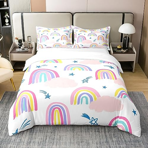 richhome Regenbogen 100% Bio-Baumwolle Bettbezug Set Rosa Wolken Blaue Sterne Tröster Abdeckung Set Cartoon Regenbogen Wolken Bettwäsche Set 200x200