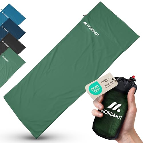 NORDMUT® Sacco a Pelo Ultralight in Microfibra o Cotone – Sacco da Viaggio Traspirante, Piccole Dimensioni e Extra Morbido, con Scomparto per Cuscino (Verde, Poliestere)