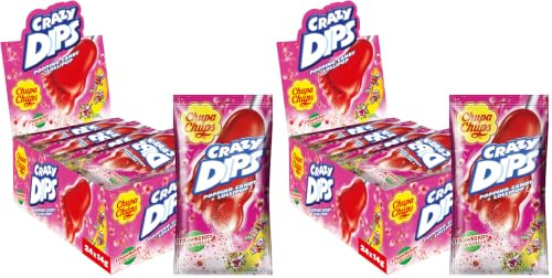 Chupa Chups Crazy Dips, Lollipop, Gusto Fragola, Confezione da 48 Bustine con Lecca Lecca, Lollipop con Polvere Effervescente e Scoppiettante