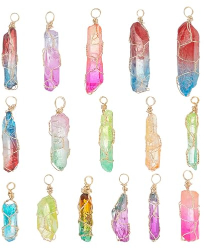 arricraft 16 Stück Natürliche Quarz-Draht-Edelstein-Charms, Echter, 18 Karat Vergoldeter, Spitzer Edelstein-Anhänger, Sechseckiger Stein, Charms Für Halskette, Ohrringe, Schmuckherstellung