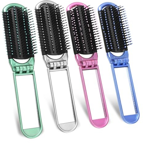 4 PCS Travel Hair Brush with Mirror Small Folding Hair Brush Portable Compact Pocket Size Anti-Static Hairbrush Collapsible Hair Comb Hair Styling Tools for Car Gym Bag Purse Locker, Women Men Gift