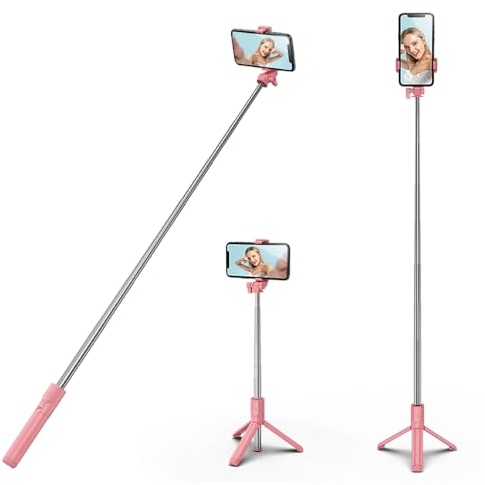 H.May Bastone Selfie Treppiede, 100CM Asta Selfie Stick Treppiede per Telefono Extra Lungo con Telecomando Staccabile Compatibile con iPhone 15/14Pro Samsung Smartphones, Rosa