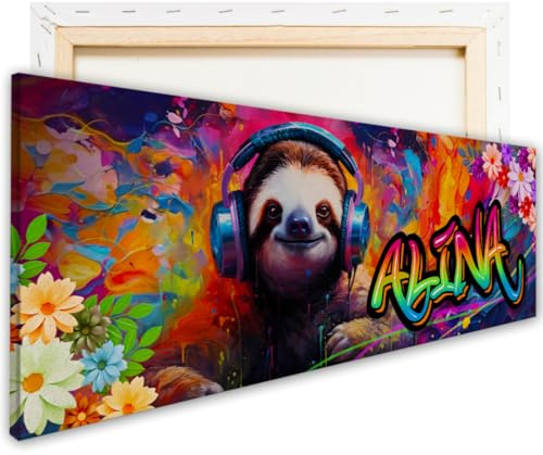 tjapalo® vz106 Leinwandbild Graffiti Jugendzimmer Bild mit Namen Coole Bilder für Teenager Cool Graffiti Bild Kinderzimmer Mädchen Wandbild Faultier Leinwand mit Namen Mädchen, Größen Name: B90xH30cm