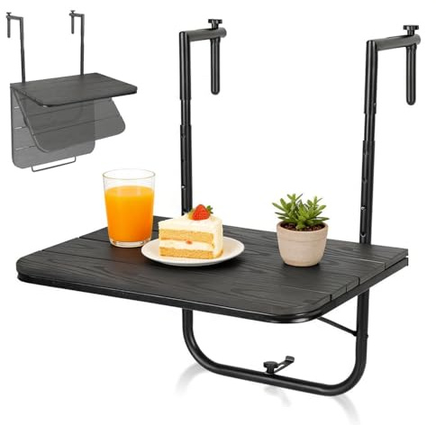 Vigevee Balkongbord, fällbart hängbord, balkonghängbord, vikbart med 3-vägs höjdjusterbar, balkongbord för upphängning, väderbeständigt hängande bord, fällbord 83,5 x 60 x 40 cm för balkong (svart)