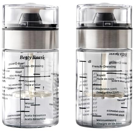 Betty Bossi - Dressing-Shaker - 2er Set 0,25 Liter - Schnell und Einfach Selbermachen - 2 aufgedruckte Rezepte für italienische und französische Salatsauce - Glas Edelstahl Kunststoff Silikon