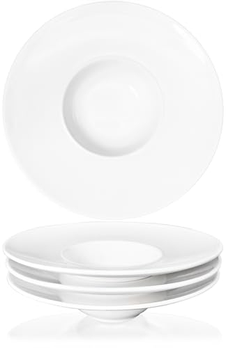 jinsongdafa Soup Bowls, Soup plates with Rim, 150 ml Pasta Bowl Set of 4, White Shallow Bowl Plates, Porcelain Bowls with Rimmed, best choice for Gourmets, high-end restaurants and chefs, White 21.5CM