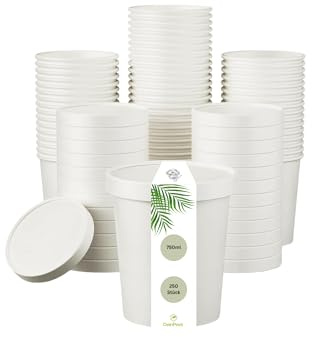 DeinPack 250 Suppenbecher 750ml 26 oz weiß I Suppen-Becher to Go Pappe I 50 Einweg-Becher mit Deckel | Eisbecher