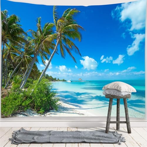Wandteppich Natur Tapisserie 350 x 256 cm, Strand Meer Blau Himmel Sonne Wandtuch Baum Landschaft Wandbehang