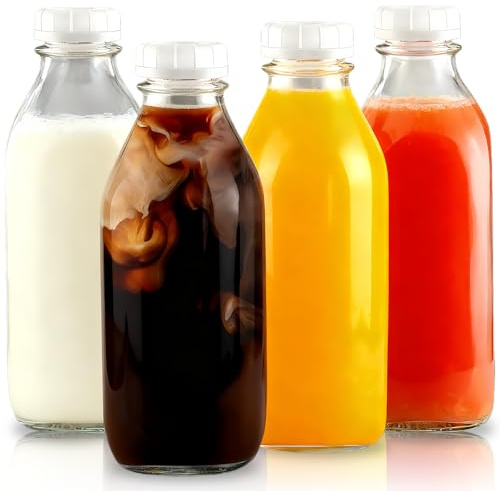4 Pcs 1000ml Glass Milk Bottles with Lid,Reusable Glass Bottless with Lids, Dairy Drinking Bottles Clear Glasss Bottless Juice Drinking for Juices, Dressings, Sauces, Beverages, Decoration and St