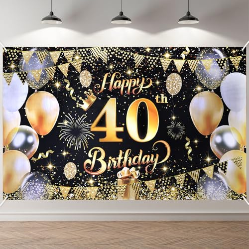 ANOMM 40.Geburtstag Banner Schwarzes-Gold, Happy Birthday Banner | 40.Geburtstag Dekoration für Drinnen und Draußen, Extra Groß Party Geburtstagsdeko Hintergrund (180 x 110 cm)