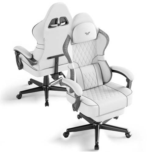 Huracan Gaming Stuhl mit massagefunktion, Gaming Chair 150 kg Belastbarkeit, ergonomischer Drehstuhl, Gamer Stuhl mit Kopfkissen, Lendenkissen, Fußstütze, Gaming Sessel Baumwolle und Leinen, Weiß