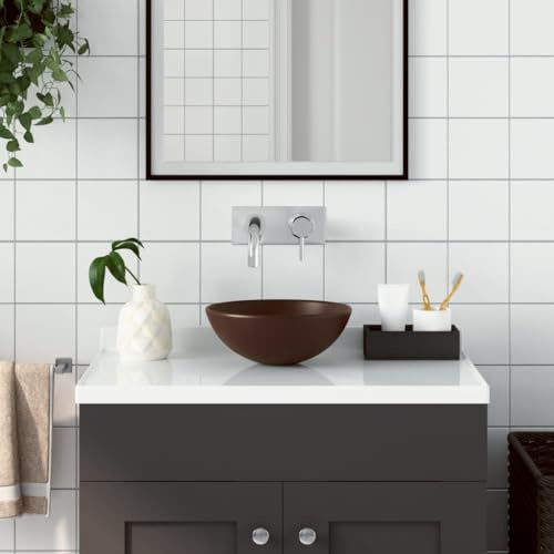 Lavabo Rond en Céramique with Drain, Design Épuré, Vasque à Poser Salle de Bain, Lavabo Salle de Bain, Meuble Vasque Salle de Bain, Lave Main, Marron Foncé, 280 x 100 mm