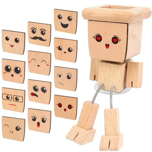 Zhaoyao Shaking Wooden Man for Car Dashboard with 12 Magnetic Faces, Articulated Swinging Wooden Figurine for Car, Desk & Home, Creative Natural Wood Ornament Gift